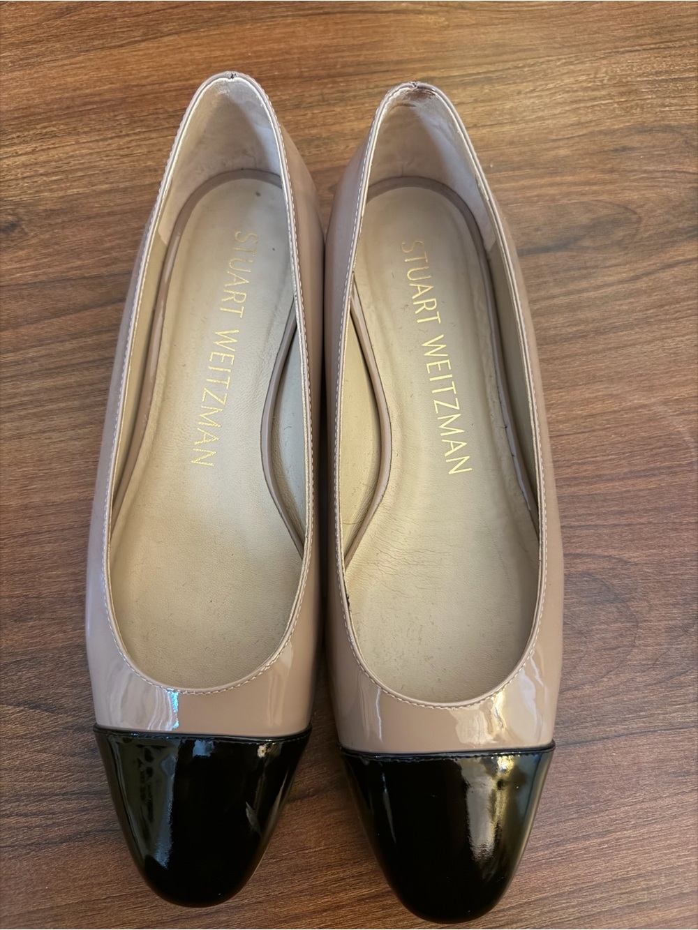 Stuart Weitzman Blush Patent Flats with Black Cap Toe